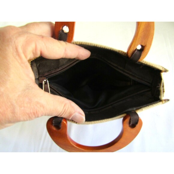 Mini Straw Purse Vintage Raffia Lined Wood Handles Cork Floral Design - Picture 5 of 5